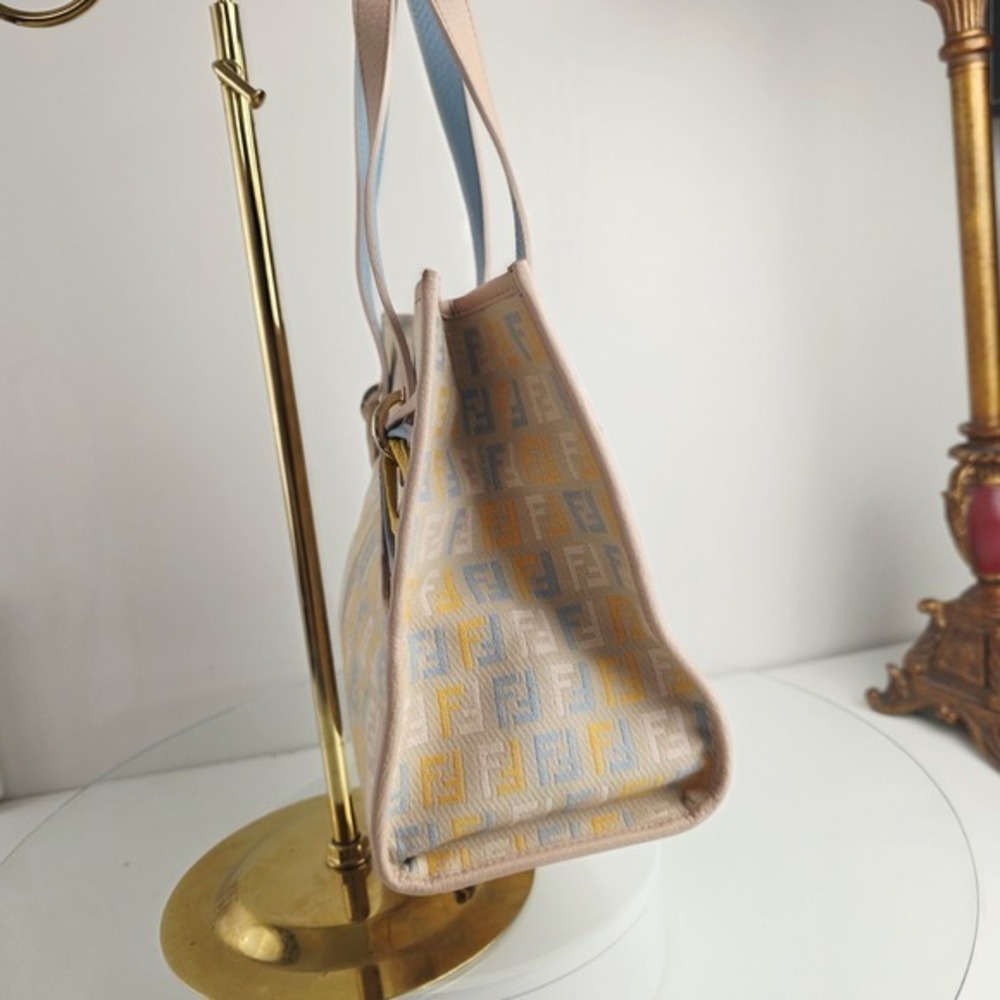 FENDI Zucchino Canvas Small  Shopping Handbag Tote Beige Blue Yellow Dustbg Rare - Picture 6 of 17